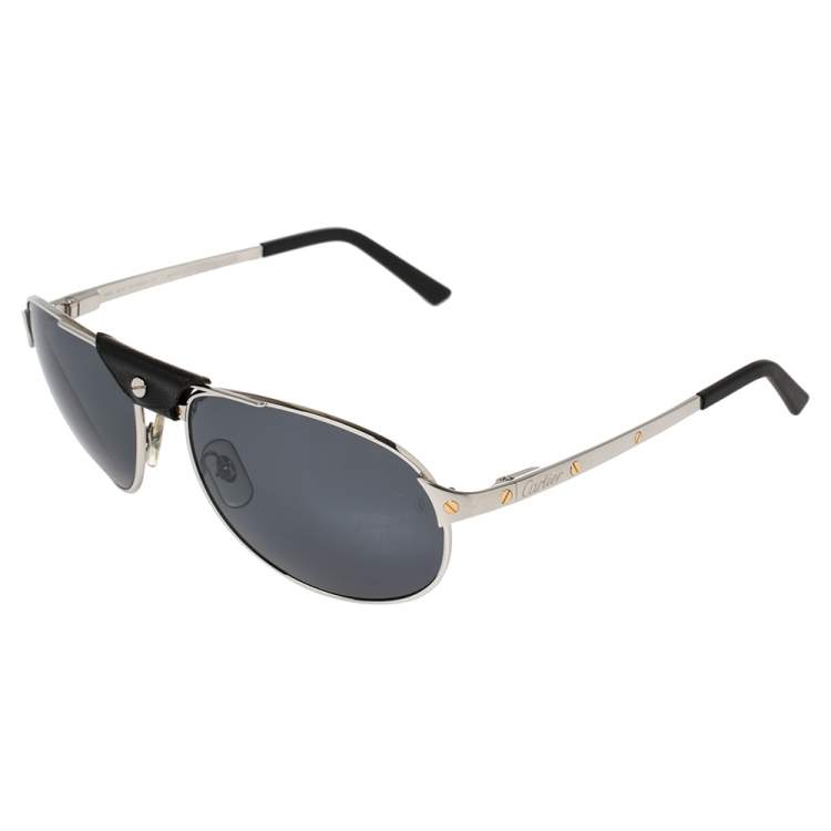 Pre Owned Cartier Brushed Ruthenium Tone/ Grey Santos de Cartier Aviator Sunglasses