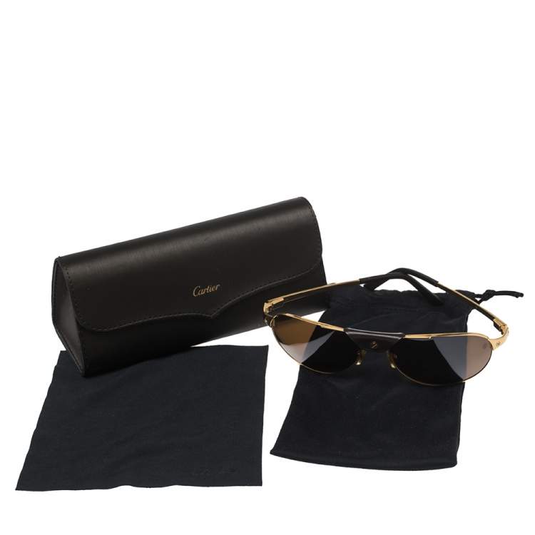 Pre Owned Cartier Gold/Brown Santos De Cartier Aviator Sunglasses