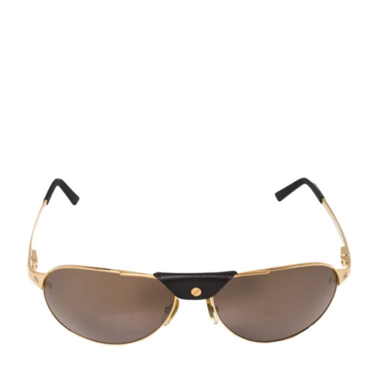 Pre Owned Cartier Gold/Brown Santos De Cartier Aviator Sunglasses