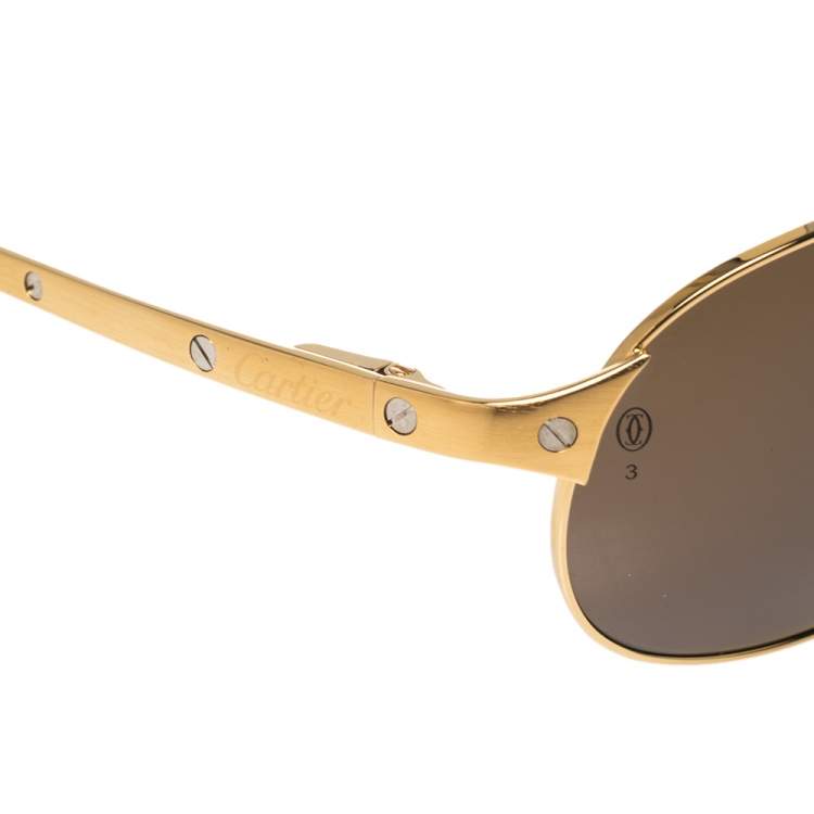 Pre Owned Cartier Gold/Brown Santos De Cartier Aviator Sunglasses