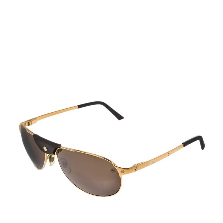 Pre Owned Cartier Gold/Brown Santos De Cartier Aviator Sunglasses
