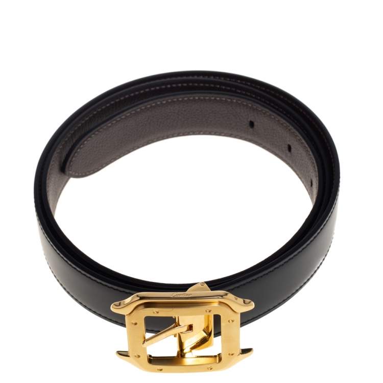 Pre Owned Cartier Black Leather Santos De Cartier Belt  95CM (cut to size)