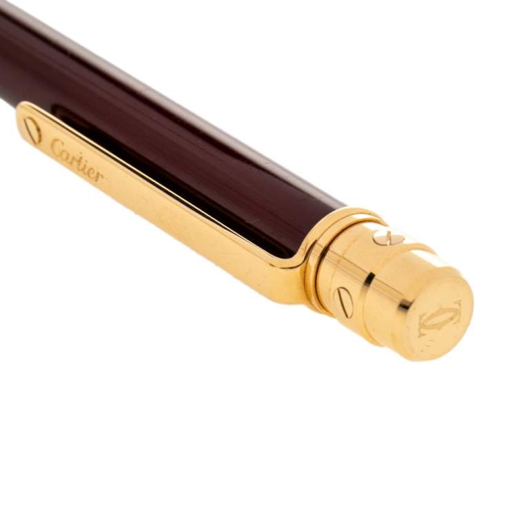 Pre Owned Cartier Gold Plated Burgundy Lacquer Santos de Cartier Ballpoint Pen
