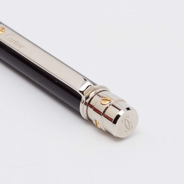 Pre Owned Cartier Santos De Cartier Black Lacquer Two Tone Metal Ballpoint Pen
