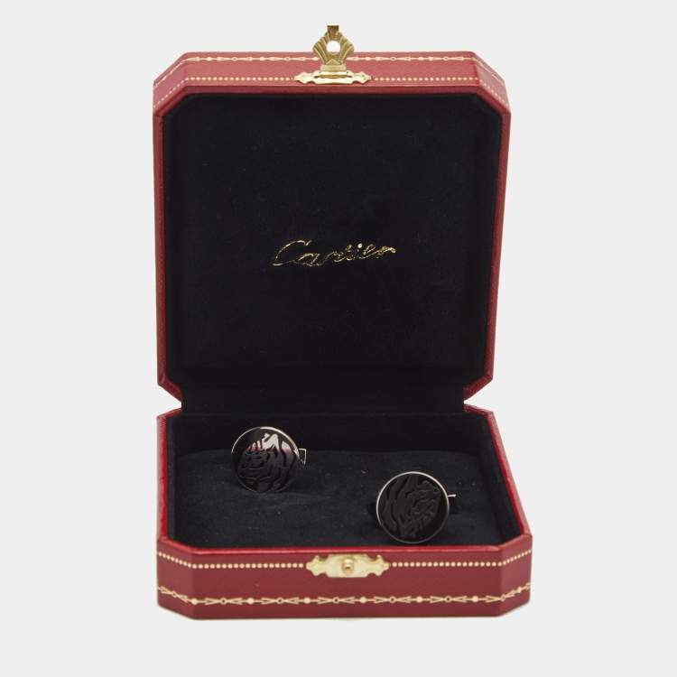 Pre Owned Cartier Tiger Enamel Sterling Silver Stainless Steel Cufflinks