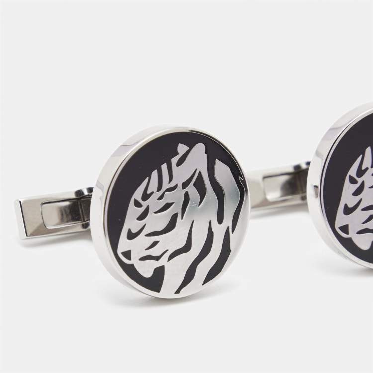 Pre Owned Cartier Tiger Enamel Sterling Silver Stainless Steel Cufflinks