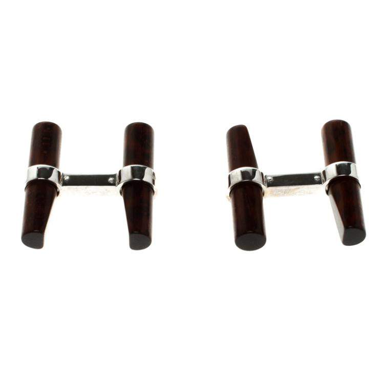 Pre Owned Cartier Vintage Interchangeable Wood 18K White Gold Santos De Cartier Cufflinks