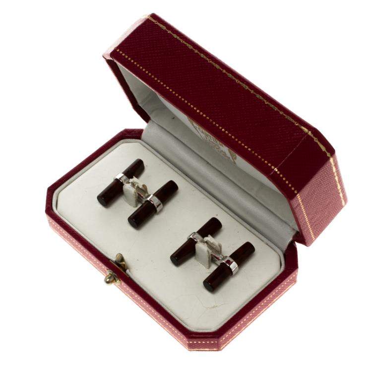 Pre Owned Cartier Vintage Interchangeable Wood 18K White Gold Santos De Cartier Cufflinks