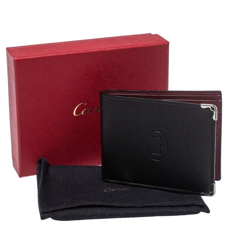Pre Owned Cartier Black Leather Must De Cartier 6CC Bifold Wallet