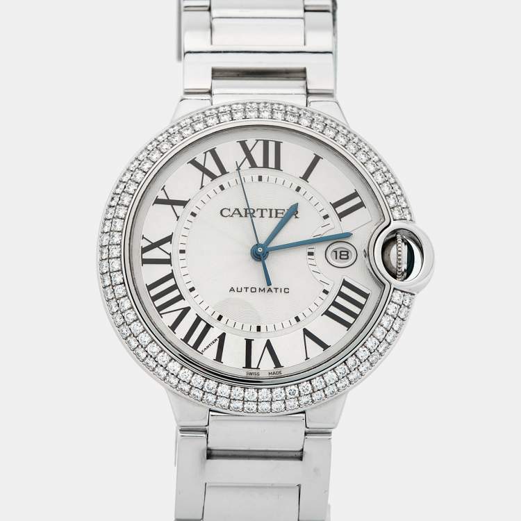 Pre Owned Cartier Silver 18K White Gold Diamond Ballon Bleu WE9009Z3 Men's Wristwatch 42 mm