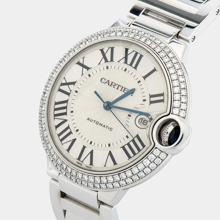 Pre Owned Cartier Silver 18K White Gold Diamond Ballon Bleu WE9009Z3 Men's Wristwatch 42 mm