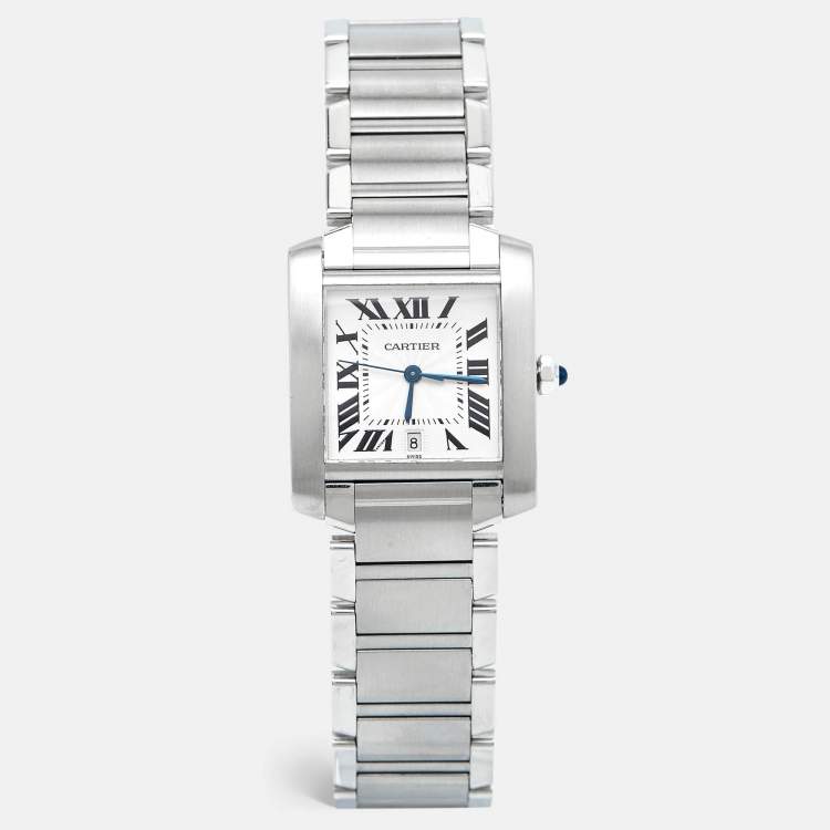 Pre Owned Cartier Opaline White Stainless Steel Tank Francaise W51002Q3 Unisex Wristwatch 28 mm