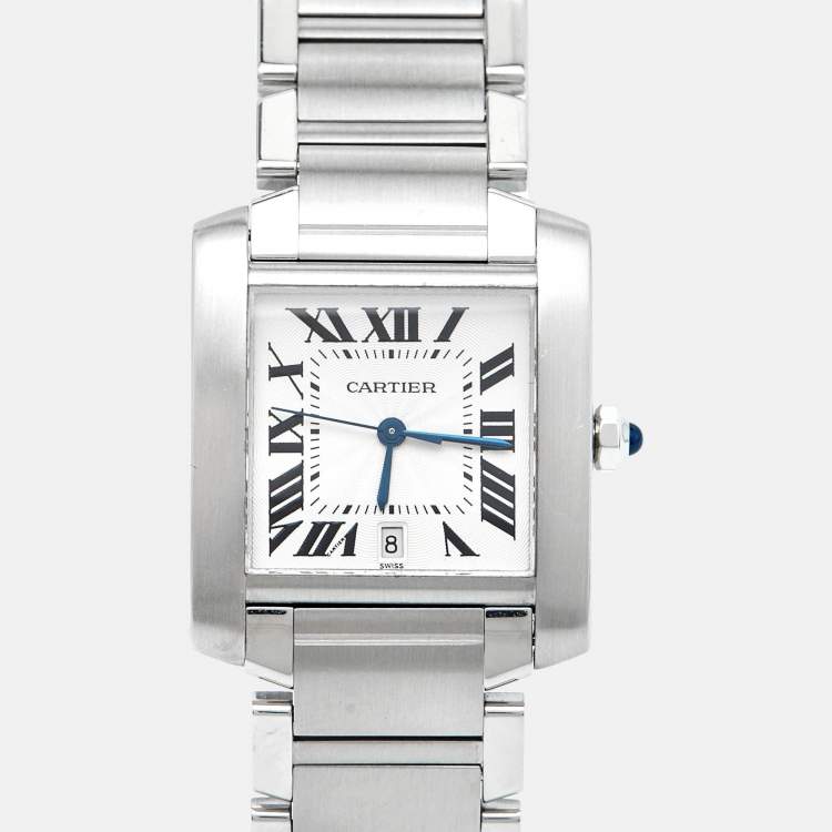 Pre Owned Cartier Opaline White Stainless Steel Tank Francaise W51002Q3 Unisex Wristwatch 28 mm
