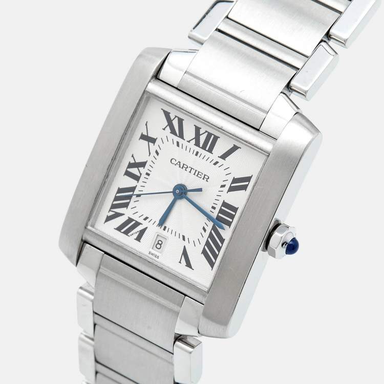 Pre Owned Cartier Opaline White Stainless Steel Tank Francaise W51002Q3 Unisex Wristwatch 28 mm