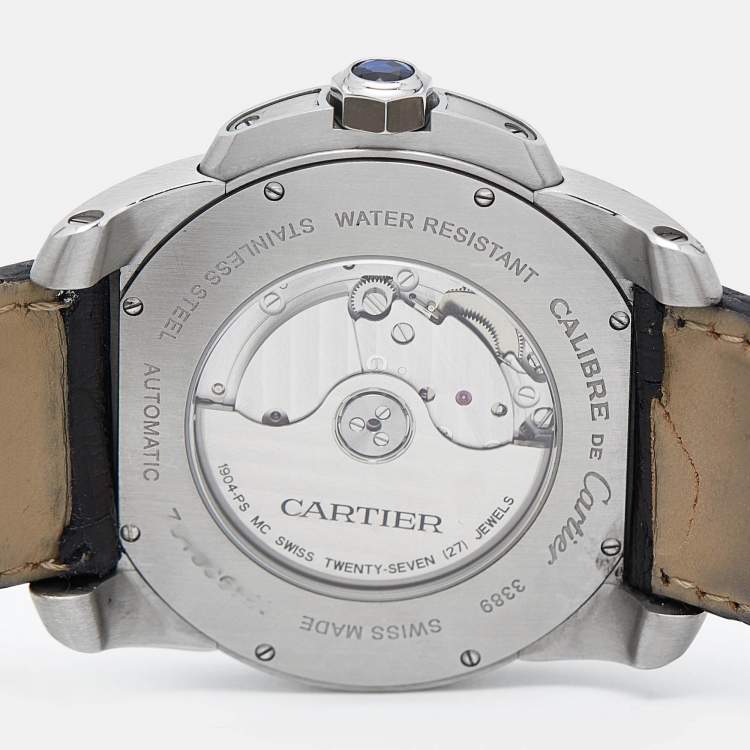 Pre Owned Cartier Silver Stainless Steel Alligator Leather Calibre De Cartier W7100037 Men's Wristwatch 42 mm