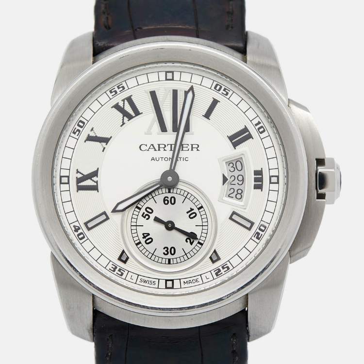 Pre Owned Cartier Silver Stainless Steel Alligator Leather Calibre De Cartier W7100037 Men's Wristwatch 42 mm