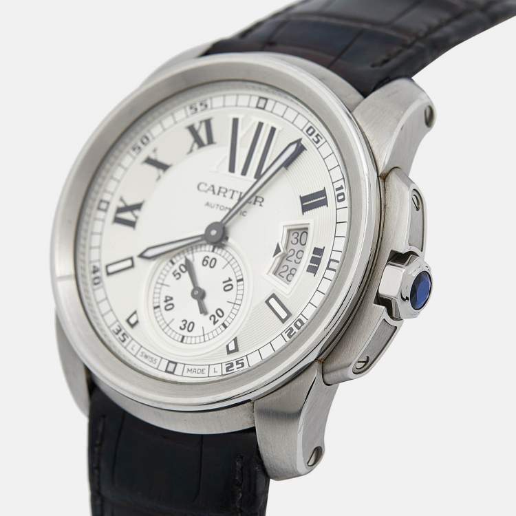Pre Owned Cartier Silver Stainless Steel Alligator Leather Calibre De Cartier W7100037 Men's Wristwatch 42 mm