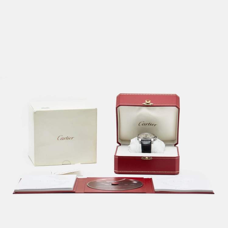 Pre Owned Cartier Silver Stainless Steel Alligator Leather Calibre De Cartier W7100037 Men's Wristwatch 42 mm