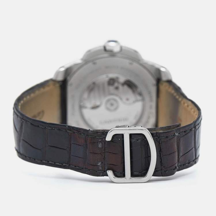 Pre Owned Cartier Silver Stainless Steel Alligator Leather Calibre De Cartier W7100037 Men's Wristwatch 42 mm
