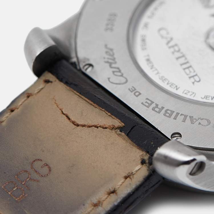 Pre Owned Cartier Silver Stainless Steel Alligator Leather Calibre De Cartier W7100037 Men's Wristwatch 42 mm