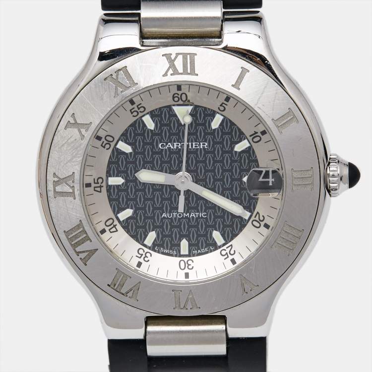 Pre Owned Cartier Black Stainless Steel Rubber Autoscaph Must 21 W10147U2 Unisex Wristwatch 36 mm