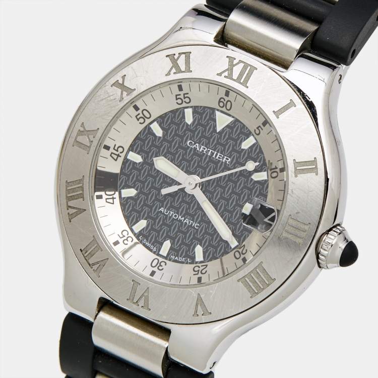 Pre Owned Cartier Black Stainless Steel Rubber Autoscaph Must 21 W10147U2 Unisex Wristwatch 36 mm