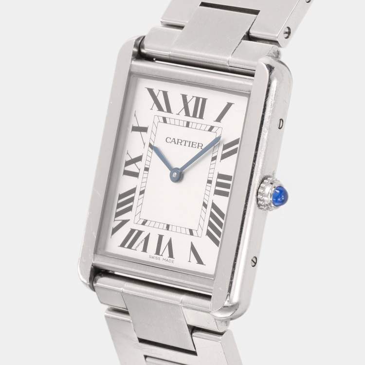 Pre Owned Cartier Silver Stainless Steel Tank Solo W5200014 Unisex Wristwatch 28 mm