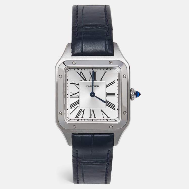 Pre Owned Cartier Silver Stainless Steel Alligator Leather Santos-Dumont WSSA0022 Women's Wriswatch 31.40 mm