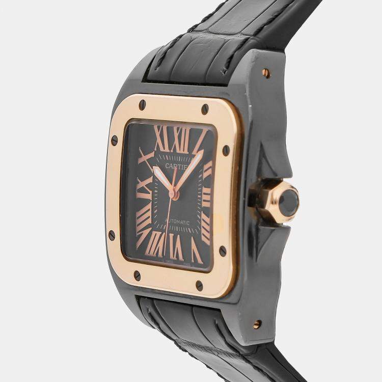Pre Owned Cartier Santos 100 W2020007 Automatic Black 18k Gold Men’s Wristwatch 44mm