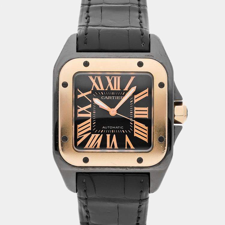 Pre Owned Cartier Santos 100 W2020007 Automatic Black 18k Gold Men’s Wristwatch 44mm