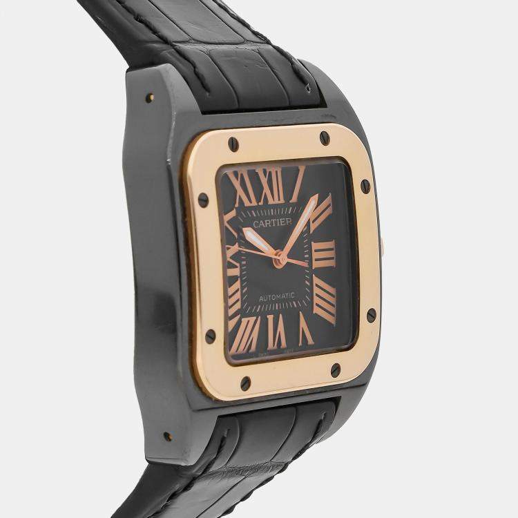 Pre Owned Cartier Santos 100 W2020007 Automatic Black 18k Gold Men’s Wristwatch 44mm