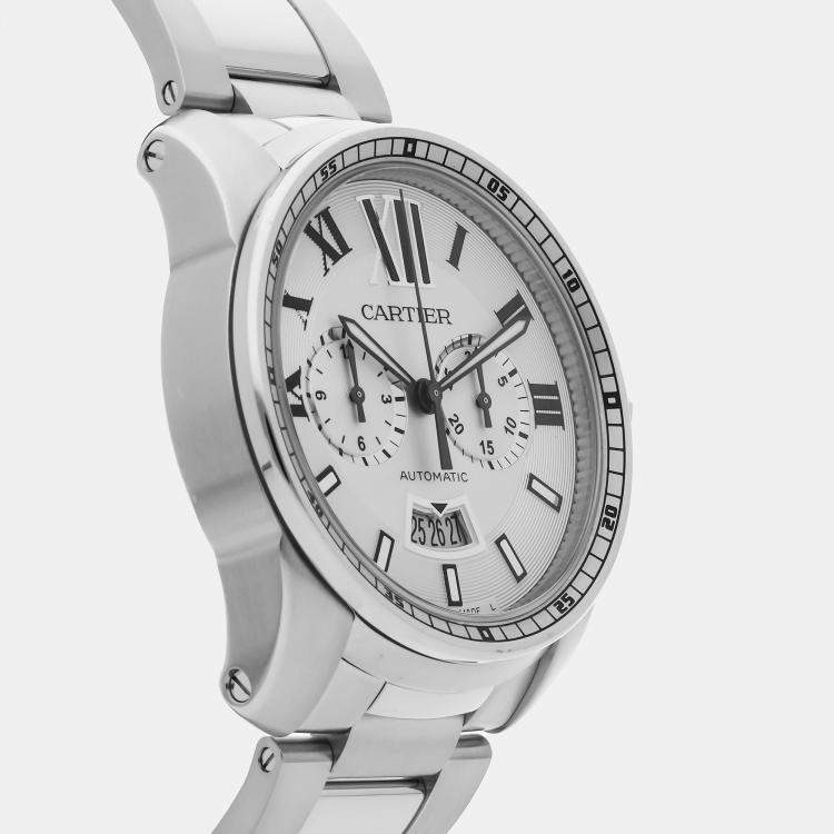 Pre Owned Cartier Calibre De Cartier Chronograph W7100045 Automatic Stainless Steel Silver Dial Men's Wristwatch 42mm