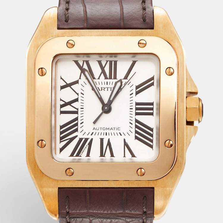 Pre Owned Cartier Silver 18K Rose Gold Alligator Leather Santos 100 W20108Y1 Unisex Wristwatch 33 mm