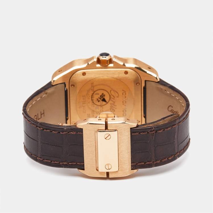 Pre Owned Cartier Silver 18K Rose Gold Alligator Leather Santos 100 W20108Y1 Unisex Wristwatch 33 mm