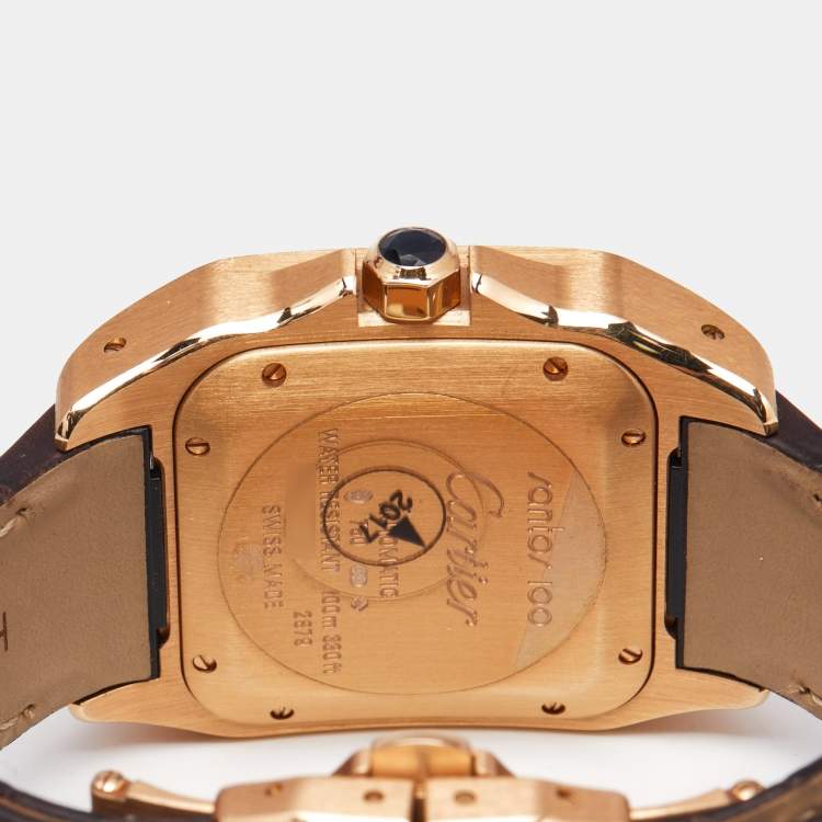 Pre Owned Cartier Silver 18K Rose Gold Alligator Leather Santos 100 W20108Y1 Unisex Wristwatch 33 mm