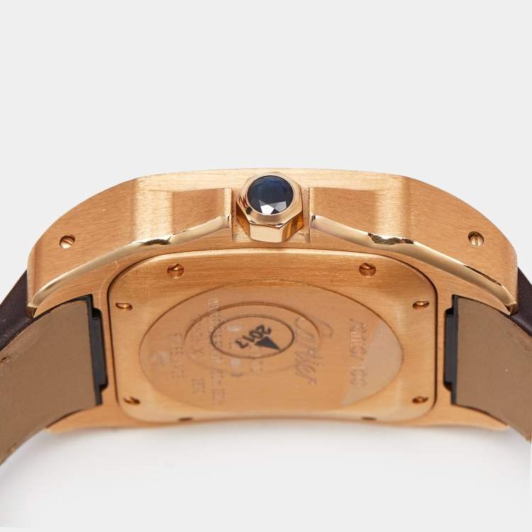Pre Owned Cartier Silver 18K Rose Gold Alligator Leather Santos 100 W20108Y1 Unisex Wristwatch 33 mm