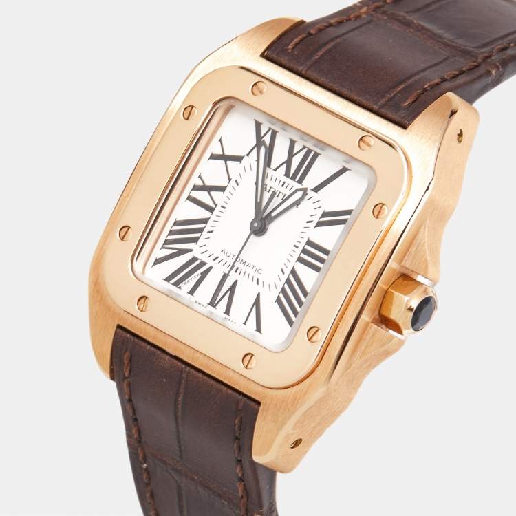 Pre Owned Cartier Silver 18K Rose Gold Alligator Leather Santos 100 W20108Y1 Unisex Wristwatch 33 mm