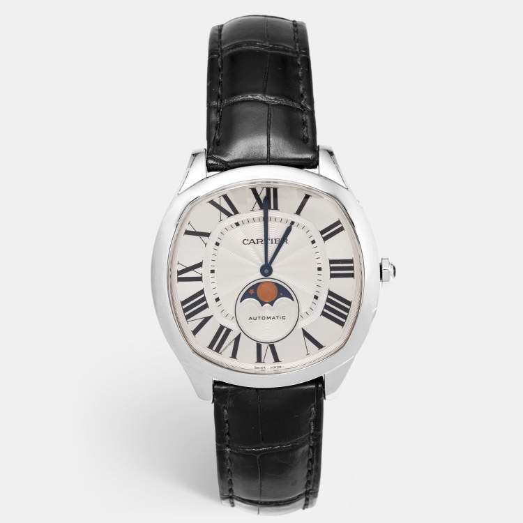 Pre Owned Cartier Silver Stainless Steel Alligator Leather Drive De Cartier Moon Phase WSNM0008 Men's Wristwatch 41 mm