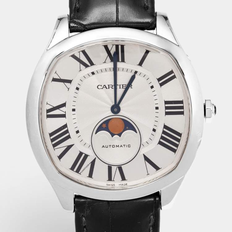 Pre Owned Cartier Silver Stainless Steel Alligator Leather Drive De Cartier Moon Phase WSNM0008 Men's Wristwatch 41 mm