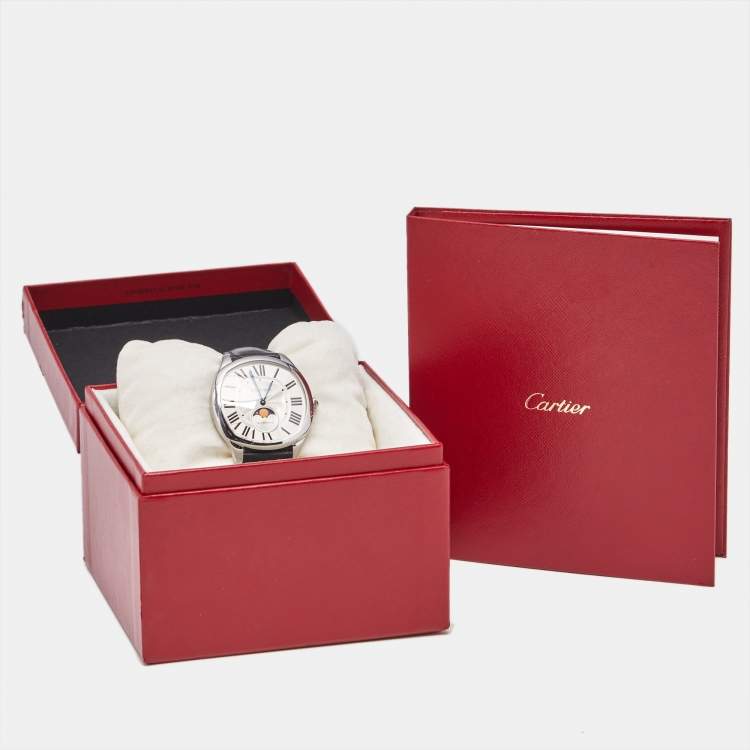 Pre Owned Cartier Silver Stainless Steel Alligator Leather Drive De Cartier Moon Phase WSNM0008 Men's Wristwatch 41 mm
