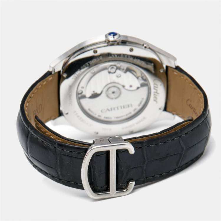 Pre Owned Cartier Silver Stainless Steel Alligator Leather Drive De Cartier Moon Phase WSNM0008 Men's Wristwatch 41 mm