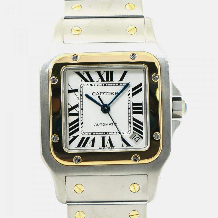 Pre Owned Cartier Santos W20099C4 Automatic White 18k Yellow Gold Stainless Steel Men's Wristwatch 35 mm