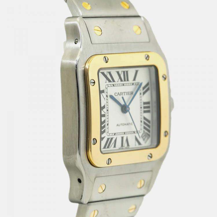 Pre Owned Cartier Santos W20099C4 Automatic White 18k Yellow Gold Stainless Steel Men's Wristwatch 35 mm