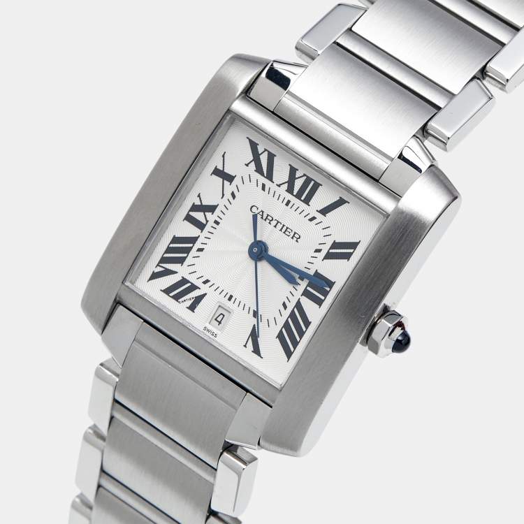 Pre Owned Cartier Opaline White Stainless Steel Tank Francaise W51002Q3 Unisex Wristwatch 28 mm