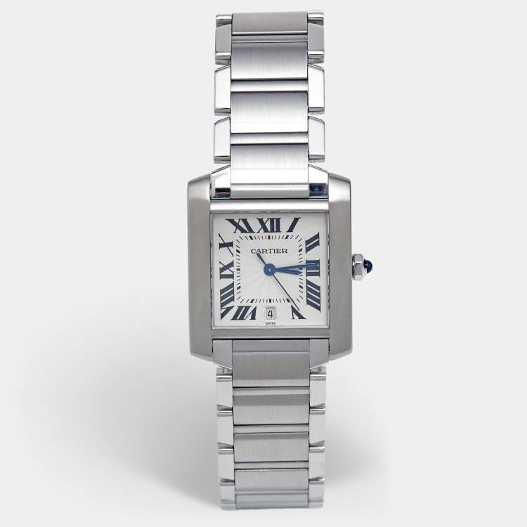 Pre Owned Cartier Opaline White Stainless Steel Tank Francaise W51002Q3 Unisex Wristwatch 28 mm
