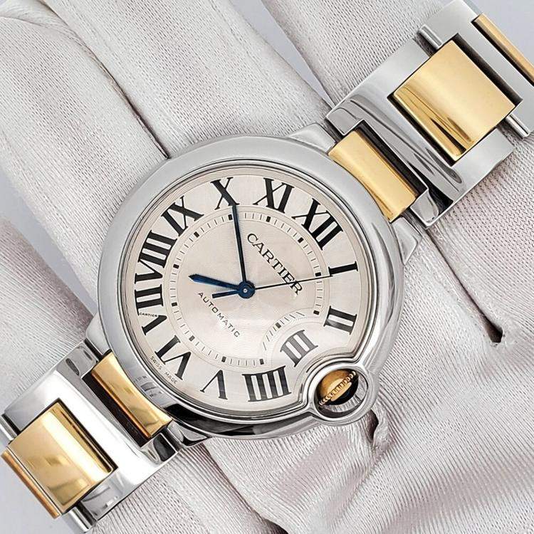 Pre Owned Cartier Ballon Bleu W2BB0012 Automatic Silver 18k Yellow Gold Stainless Steel Men's Wristwatch 36 mm