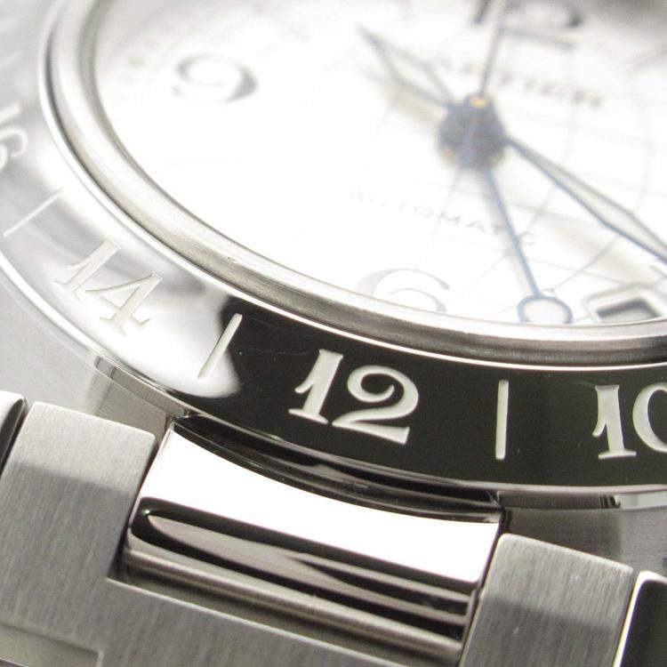 Pre Owned Cartier Pasha C GMT Meridian W31078M7 Automatic Silver Stainless Steel Men's Wristwatch 35 mm