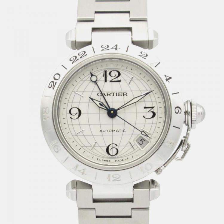 Pre Owned Cartier Pasha C GMT W31078M7 Automatic Silver Stainless Steel Men's Wristwatch 35 mm