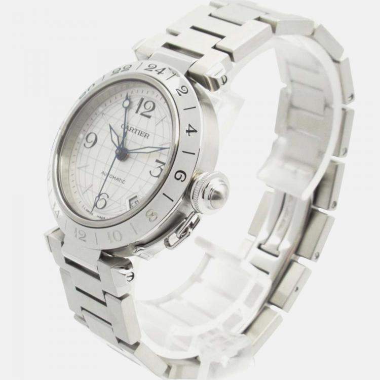 Pre Owned Cartier Pasha C GMT W31078M7 Automatic Silver Stainless Steel Men's Wristwatch 35 mm