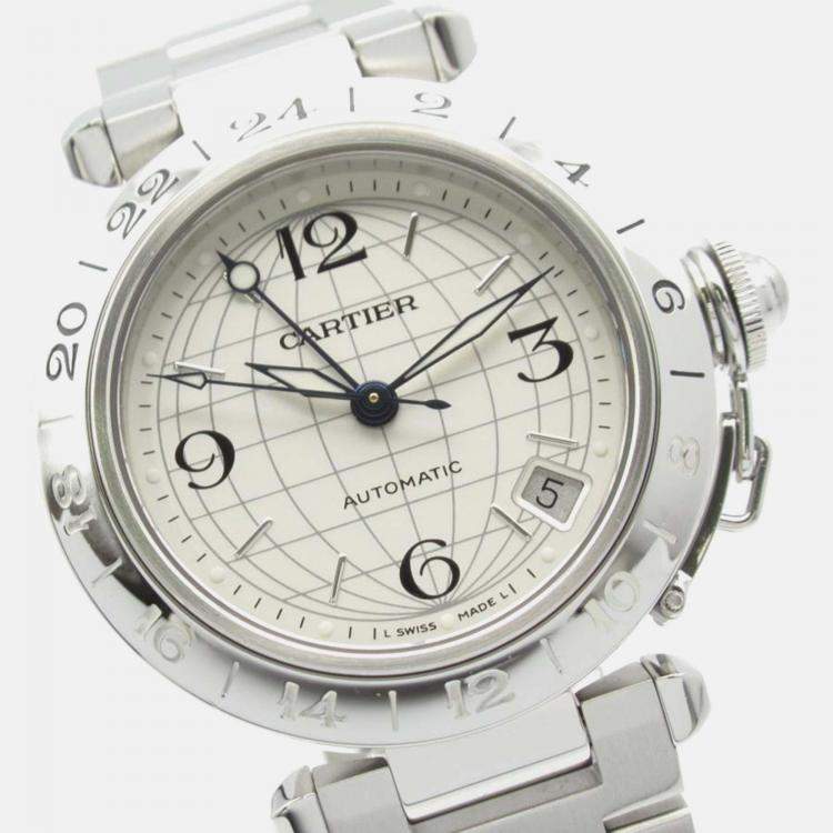 Pre Owned Cartier Pasha C GMT W31078M7 Automatic Silver Stainless Steel Men's Wristwatch 35 mm